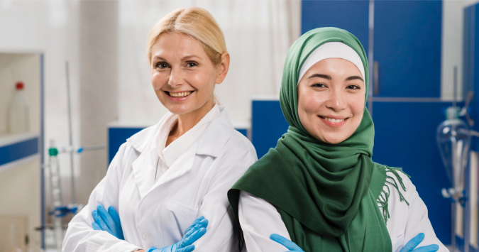 front view smiley female scientists