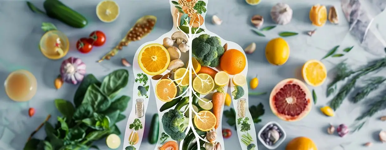 Body diagram with fruits to boost immunity