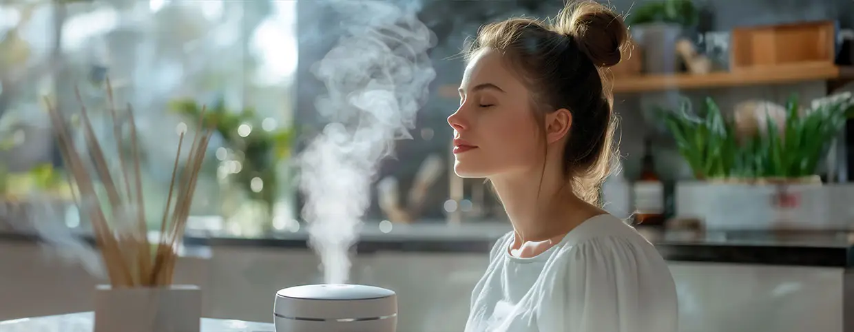 A young woman using a humidifier to relieve dry cough